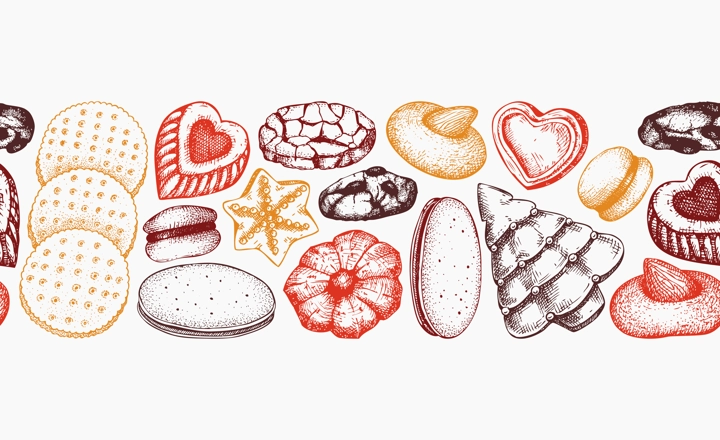Bakery shop seamless pattern. Cookies background in color. Cookies with almond, chocolate, jam, crackers, chips hand drawn illustrations. Popular pastry ribbon for print, banner, packaging design